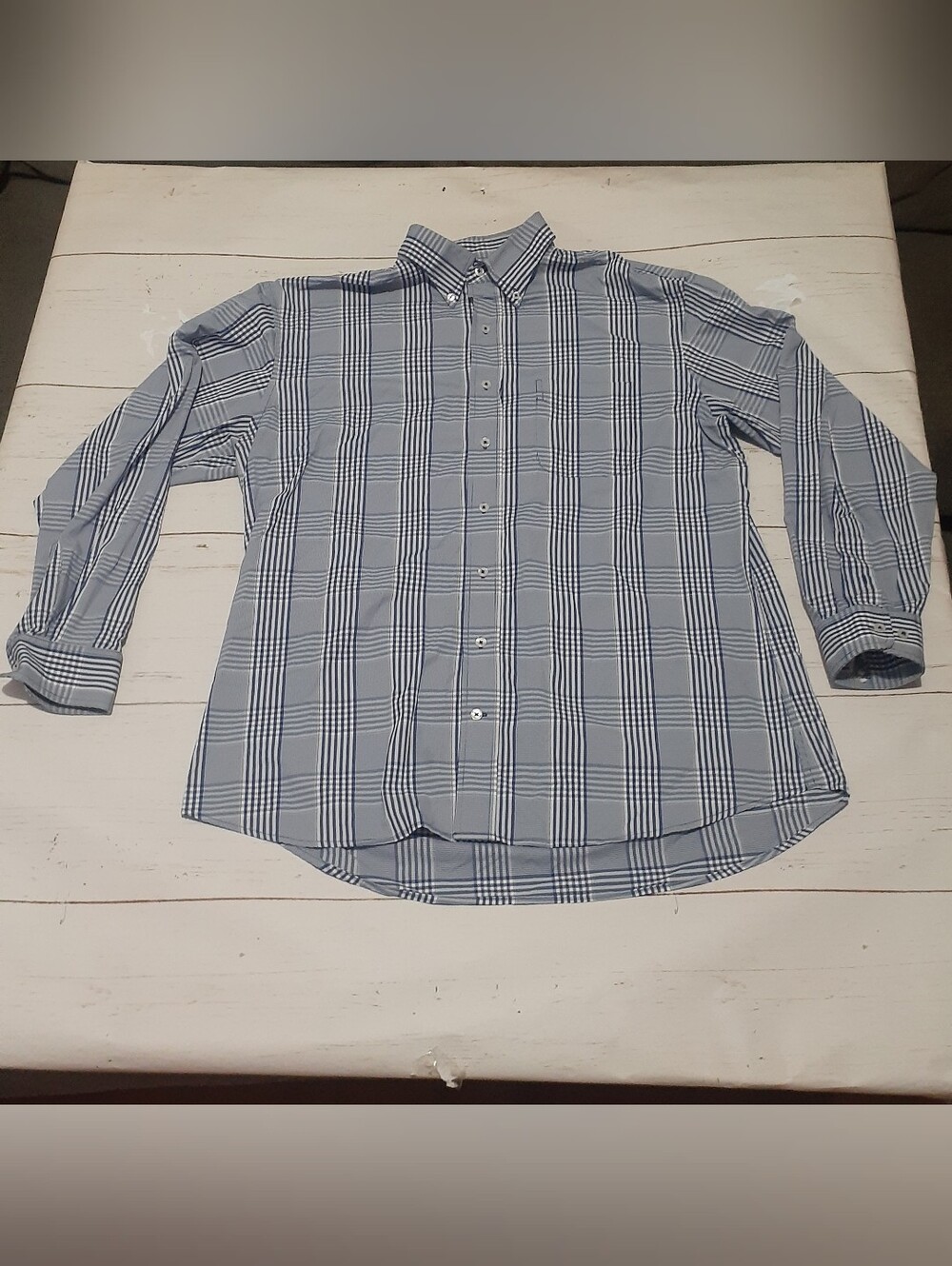 Donald Ross Men's Dress Shirt L 16.5 32/33 Blue White Plaid Cotton Collared